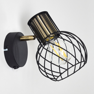 »Offeio« verstellbare Wandlampe aus Metall in Schwarz/Gold, 1-flammig, 1 x E27 max. 40 Watt, Retro/Vintage Wandspot, An-/Ausschalter am Gehäuse, Lichteffekt durch Gitter-Optik, LED geeignet
