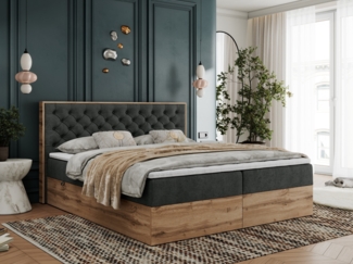 Boxspringbett mit Multipocket-Matratze und Zwei Bettkästen, Doppelbett mit Stauraum - ALBERO 3 - 160 x 200 cm - Dunkelgrau Stoff - H3