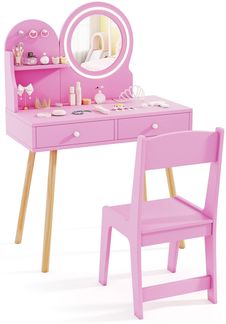 Schminktisch-Set für Kinder mit beleuchtetem Spiegel Kosmetiktisch und Stuhl-Set mit Prinzessinnen-Motiv Rosa