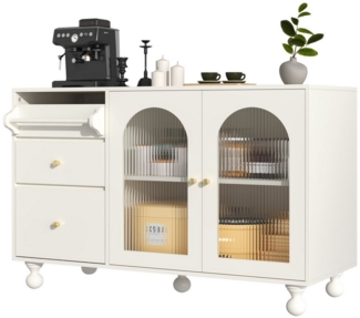 HAUSS SPOLE Sideboard mit Glastür und Handtuchhalter-Design für Esszimmer und Küche Weiß (Kommode,Anrichte, 1 St, 2 Türen, 2 Schubladen), mit Glastür und Handtuchhalter-Design