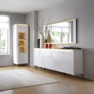 Lomadox Wohnzimmer-Set LUKA-129, (Mega-Spar-Set, 3-St, Sideboard Spiegel Vitrine), weiß mit goldfarbenen Akzenten LUKA-129