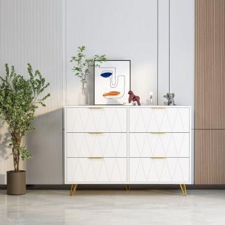 FUROKOY Nachttisch Kommode mit 6 Schubladen,Nachtkommode mit Rautenmuster (Anrichte für Schlafzimmer,Wohnzimmer(100x34x72.5cm),Weiß Gold), Sideboard, 100 cm breit, Beistelltisch mit Metallgriffen & Metallfüßen