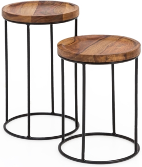 Design Satztisch WL5.661 Sheesham Metall Beistelltisch 2er Set Klein, Couchtisch Set 2 Holz Tische, Massivholz Wohnzimmertisch Metallgestell, Schmaler Sofatisch Ablagetisch