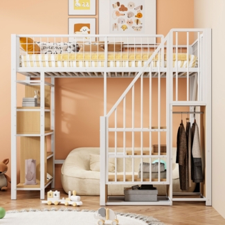 Bett 90x200 cm Hochbett mit Stauraumtreppe – platzsparendes Weißes Metall-Holz-Design
