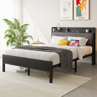 OKWISH Metallbett Stauraum-Kopfteil mit 1 Steckdosen, 2 USB-Ladeanschlüssen (Einfach zu montieren, kostengünstige Wahl, 2-tlg), Bis zu 200kg Tragkraft,140x200cm Inklusive Matratze