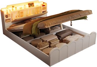 Holzbett mit RGB LED-Streifen, Stauraum, Lattenrost, Kopfteil mit Polsterung, Regal, USB, Type-C, 140x200cm, Doppelbett, Stauraumbett, Jugendbett