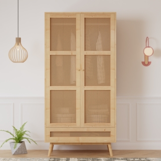 Kleiderschrank 90 x 45 x 183 cm, natur mit Rattannetz-Türen & Flip-Top-Stauraum