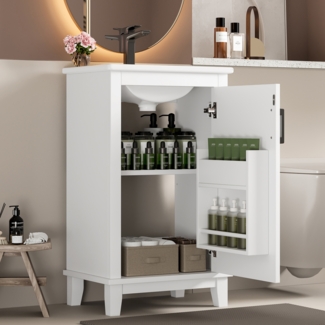 Bodenstehender Badezimmerschrank, Waschtisch, komplett lackiert, Türregale, verstellbare Regale, integriertes Keramikwaschbecken, geeignet für kleine Räume, Weiß, 51 x 34 x 83 cm