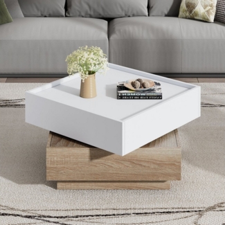 Merax Couchtisch mit drehbarer Tischplatte (60 x 60 x 38 cm), Wohnzimmertisch mit 2 Schubladen, Beistelltisch Kaffetisch Satztisch