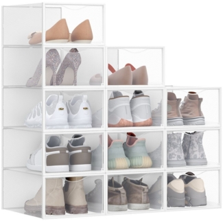 Schuhboxen, 12er Set, durchsichtig, aus Kunststoff, mit Tür, stapelbar, 33,2 x 23 x 14,5 cm, transparent-wolkenweiß