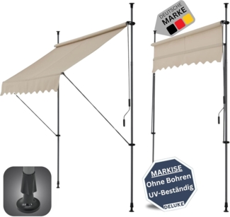DELUKE® Klemmmarkise 150cm breit - mit Handkurbel Balkonmarkise ohne Bohren Sonnenschutz UV-beständig Sonnenmarkise höhenverstellbar Markise mit Gestell 150x120x200-300cm Beige