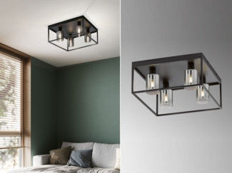 Deckenleuchte, Metall, schwarz, 4 Flammig, Quadrat, L 45 cm
