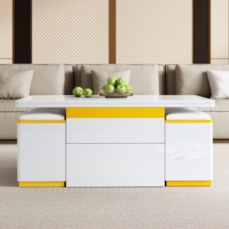 Couchtisch Set, MDF/Spanplatte mit Klapp- & Hebefunktion, 100x50x43 cm, Weiß/Gelb