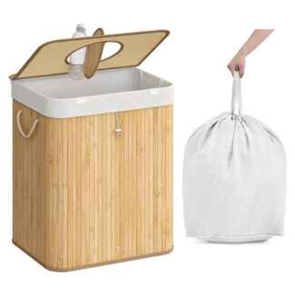 SONGMICS Pfandflaschen-Sammelbehälter, 95 L Pfandflaschen-Behälter, Bambus, Flaschensammler Leergut, Recycling-Behälter, mit Loch, Deckel, Innensack mit Griffen, Küche, naturbeige RRB060Y01