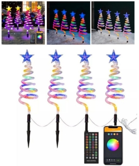 QUBEBU LED-Lichterkette Weihnachts-Set mit 4 Spiralpfahl-Lichtern, mit Erdspieß, Außenlampe, 4er Set, Dekorative Gartenlampe Beleuchtung für Außen Garten Rasen.