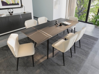 Esstisch Set RIGA 200 schwarze Keramikplatte mit 6 Stühlen Stoffbezug beige : Schwarz