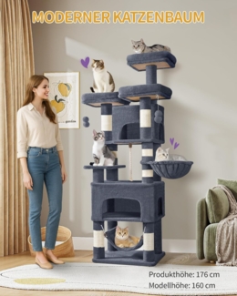Kratzbaum, 176cm Katzenbaum, XL, 3 Plattformen, 2 Höhlen, 7 Kratzsäulen, Hängematte, Plüschbälle, Katzenkratzbaum für Mehrkatzenhaushalte, Dunkelgrau