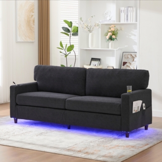 Flieks 2-Sitzer Sofa, 2-Personen Chenille-Sofa mit USB-C, LED-Ambiente, Getränkehaltern und Seitentaschen, dunkelgrau