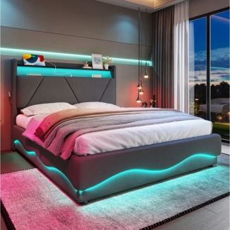 KLAM HOME Polsterbett 140x200 & 160x200 cm mit Lattenrost, USB Type-C Ladefunktion Stauraum mit klappfunktion, Stauraum-Kopfteil
