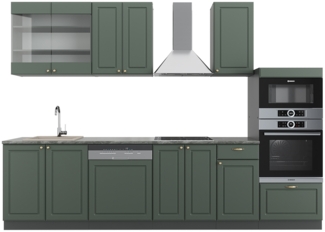 Küchenzeile Fame-Line Grün-Gold Landhaus/Anthrazit 300 cm mit Hochschrank, AP Anthrazit Vicco