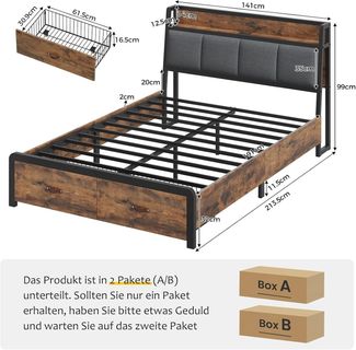 KIMENICH Metallbett Bettgestell mit Ladestation und 2 Schubladen, Jugendbett (1-tlg, Ohne Matratze), 140x190cm, Schwarz+Vintage Braun