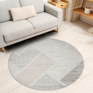 Teppich Rund - 160x160cm - Beige Terra - Boho Style - Geometrische Muster - Flachflor Wohnteppich Schlafzimmer Deko