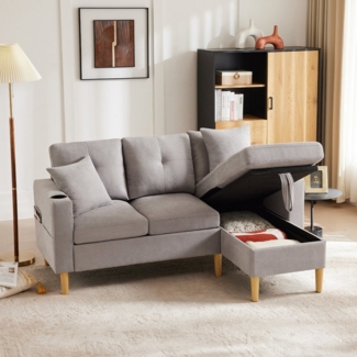 Merax 3-Sitzer Ecksofa Eckcouch in L-Form Eckgarnitur, L-förmiges Sofa aus Baumwoll- und Leinenstoff, 175*129*90cm 1 Teile, 3-Sitzer-Sofa mit integriertem Stauraum, Getränkehaltern und 2 Kissen