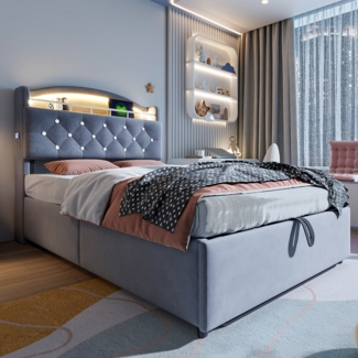 Kinderbett 90x200 cm mit LED-Licht, USB-Type-C-Anschluss & Stauraum – Samt Polsterbett mit Gasdrucksystem,Grau,inklusive Schaummatratze