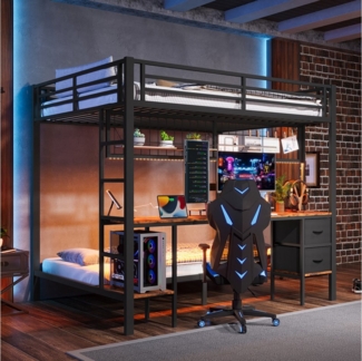 TavilaEcon Etagenbett mit Eisenrahmen, Schubladen und Gitter zum Aufhängen von Gegenständen, mit 7-farbiger LED-Leiste, USB-Anschluss und Schreibtisch, 140×200cm