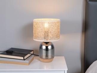 LED Tischleuchte mit Rattanschirm, Kork und Glasfuß, Höhe 32cm