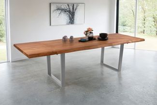 Esstisch Baumkante Akazie natur 160 (260) x 90 cm U-Gestell silber mit Ansteckplatten CALI 150443196