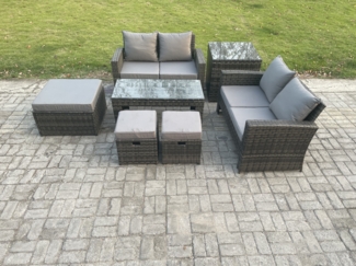 Fimous 7-Sitzer Hoher Rücken Rattan Gartenmöbel Sets mit Rechteckig Couchtisch Beistelltische 3 Hocker Doppelsofa Dunkelgrau Gemischt