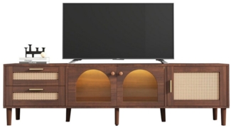 OKWISH TV-Schrank Lowboard,Fernsehtisch,TV-Board,TV-Ständer (für 80-Zoll-Fernseher, 1-St, mit LED-Beleuchtung) 2 Rattan-Schubladen, 2 gewölbten Glastüren, 1 Rattan-Tür