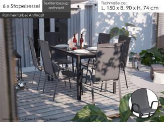 Gartenmöbel Set Alu Tisch 7-tlg. 6x Garten Stapelsessel Essgruppe Gartenset Sitzgruppe anthrazit