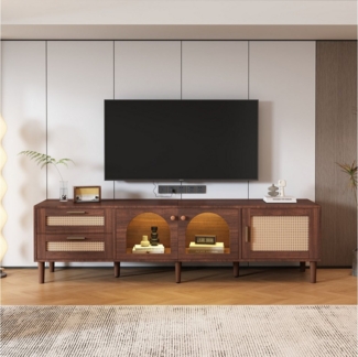 REDOM TV-Schrank TV-Ständer mit LED-Beleuchtung, geeignet für Fernseher bis 80 Zoll (180 cm, 2 Rattan-Schubladen, 3 Glastüren) höhenverstellbare Beine