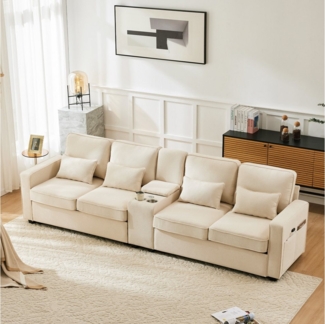 Merax 4-Sitzer mit Seitentaschen und Getränkehälter, XXL-Sofa mit USB,Chaiselounge,Polstermöbel mit Zierkissen