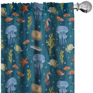 Abakuhaus Gardine Vorhang für Wohnzimmer Schlafzimmer Dekor, Microfaser, Unterwasser- Deep Sea Tiere Cartoon