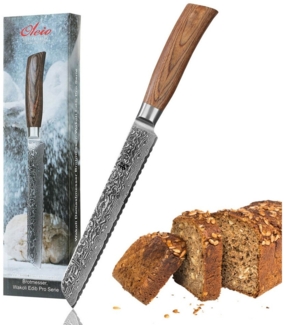 Wakoli Brotmesser EDIB Pro Damast I Küchenmesser Kochmesser I 20cm Wellenschliffklinge, 67 Lagen Damaststahl, VG-10 Stahlkern
