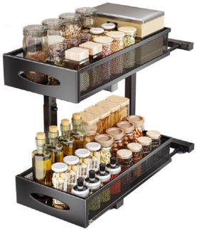 GarveeMore Gewürzregal 2 Etagen Küche Schrank Organizer,Metall Unter Waschbecken Regal, Küchenauszug Basket mit Doppelschublade, höhenverstellbar