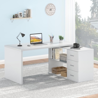Weißer L-Form Schreibtisch mit Stauraum 3 Schubladen 2 Regalen 140 x 50 x 76 cm