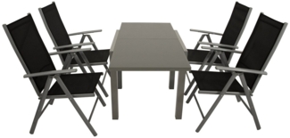 DEGAMO Garten-Essgruppe MARINA 5-teilig, 4x Klappsessel, 1x Ausziehtisch Glas 70/140x70cm, Alu silbergrau