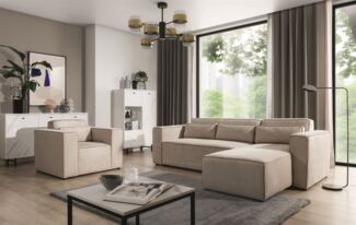 Ecksofa Schlafsofa inkl. Sessel WALDO Stoff Poso Beige Ottomane Rechts