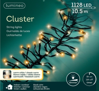 Lumineo LED-Lichterkette Lumineo Lichterkette CLUSTER 1128 LED 10,5m warm weiß + klassisch warm, Dimmbar, 8h-Timer, Indoor/Outdoor, 2 Farben