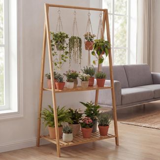 Bambus Pflanzenregal HWC-Q32, Blumentreppe Pflanzentreppe Badregal, Stange 2 Ablagen 130x70x44cm ~ natur