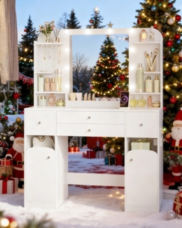 Schminktisch mit LED-Beleuchtung, mit Stecker und Föhnhalter, große Tischplatte 108 cm, Schminktisch mit 2 großen Schubladen mit Schmuckablage, 2 Schränke, 40 x 108 x 144 cm, Weiß