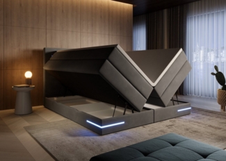 wonello Boxspringbett Detroit 2.0, Samt Bett mit LED Beleuchtung, Bettkasten und Topper