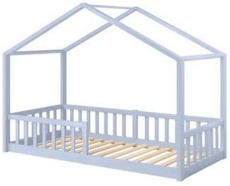 Bellabino 'Bia' Hausbett 90x200 cm, blau, Kiefer Massivholz, Bodenbett in Hausoptik, Montessori Kinderbett mit Rausfallschutz und Lattenrost