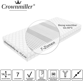 Crownmiller Basic Plus 140x200cm weich, 7 Zonen Matratze, 14,5 cm, Bezug waschbar bis 60°C