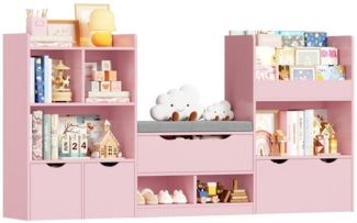 Homfa Sitzbank Kinderregal mit 3 Schubladen auf Räder 183x94x29,8 cm, Spielzeugregal mit 7 offenen Fächern Spielzeugtruhe weiß