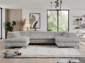 Ecksofa U-Form, mit Bettkasten, Bettfunktion und Einstellbare Kopfstützen, Sofa big XXL - PETER U - Grau Cord - Topper T25